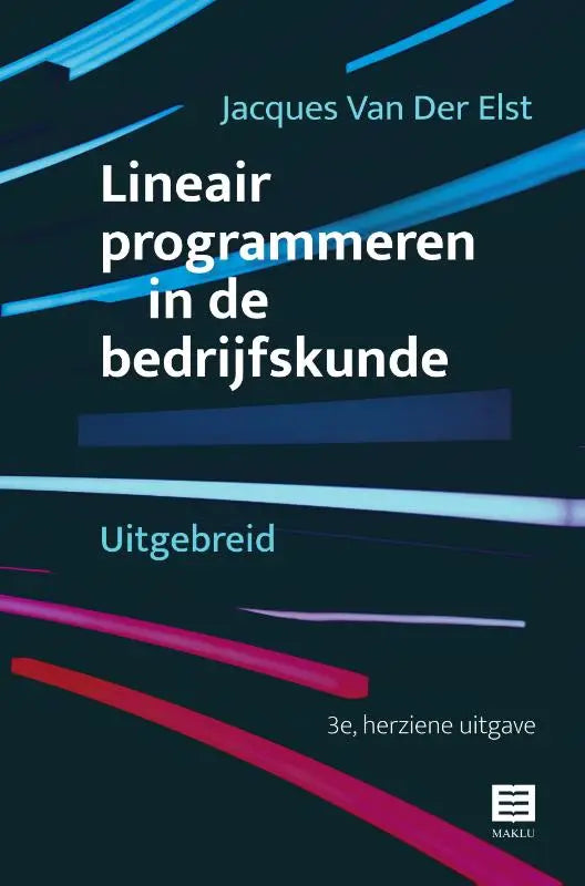Donkerblauwe boekrug lineair programmeren in de bedrijfskunde met witte en lichtblauwe tekst en abstracte diagonale strepen