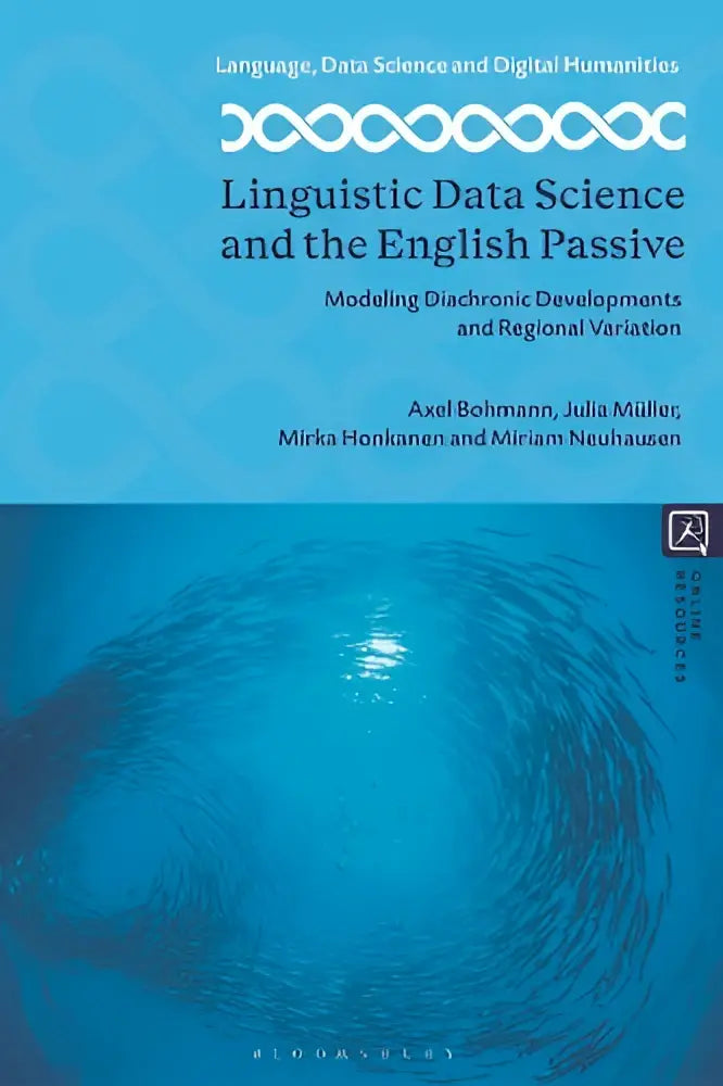 Blauw hardcover boek linguistics data science and the english passive met water golf ontwerp voor taalstudie en data science