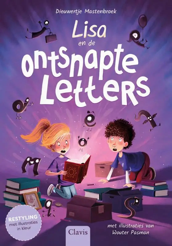 De cover van de nederlandstalig hardback lisa en de ontsnapte letters door dieuwertje mastenbroek met paarse achtergrond en illustraties