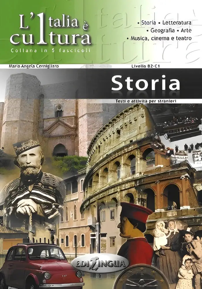 Cover van het geschiedenisleerboek l’italia è cultura met een collage van italiaanse cultuur, landmerken en historische figuren