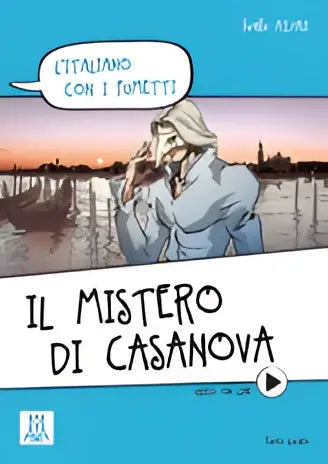 De cover van het kinderboek il mistero di casanova toont een lichtgrijs cartoonfiguur met witte jas tegen zonsondergang