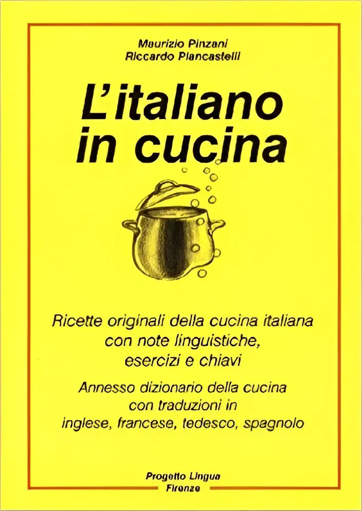Gele boekcover van l italiano in cucina met zwart-wit illustratie van stoompot en taalkundige aantekeningen