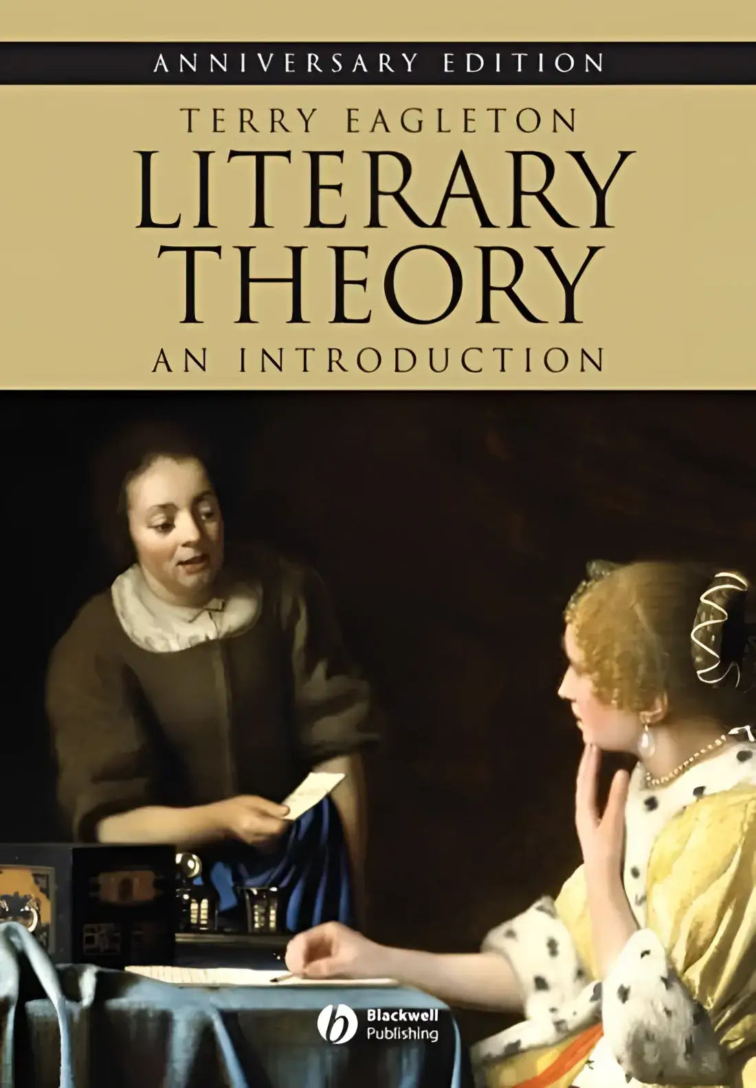 De cover van de jubileumeditie paperback literary theory an introduction door terry eagleton met een klassieke schildering van twee vrouwen in kleding uit die tijd