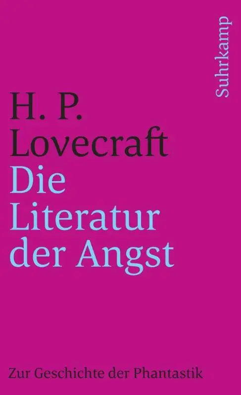 Een levendige magenta boekomslag met zwarte en lichtblauwe tekst van suhrkamp over zur geschichte der phantastik