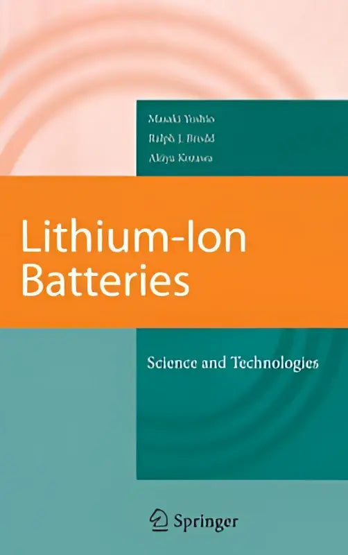 Het boek lithium-ion batteries toont r&d en materials for science and technologies met oranje en teal ontwerp