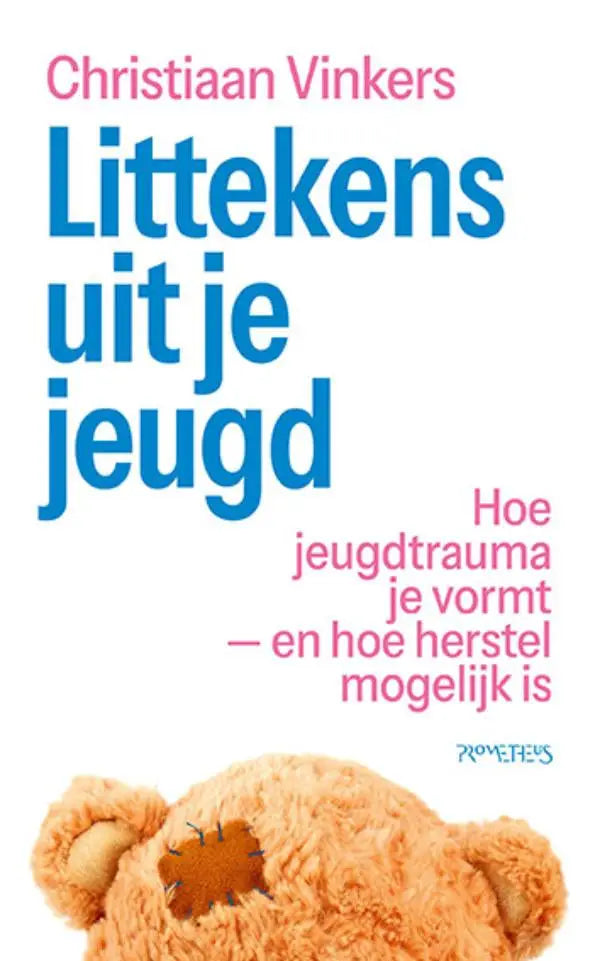 Een versleten tan pluchen teddybeer met een gestikte hart op de borst voor littekens uit je jeugd psychologie algemeen christiaan vinkers