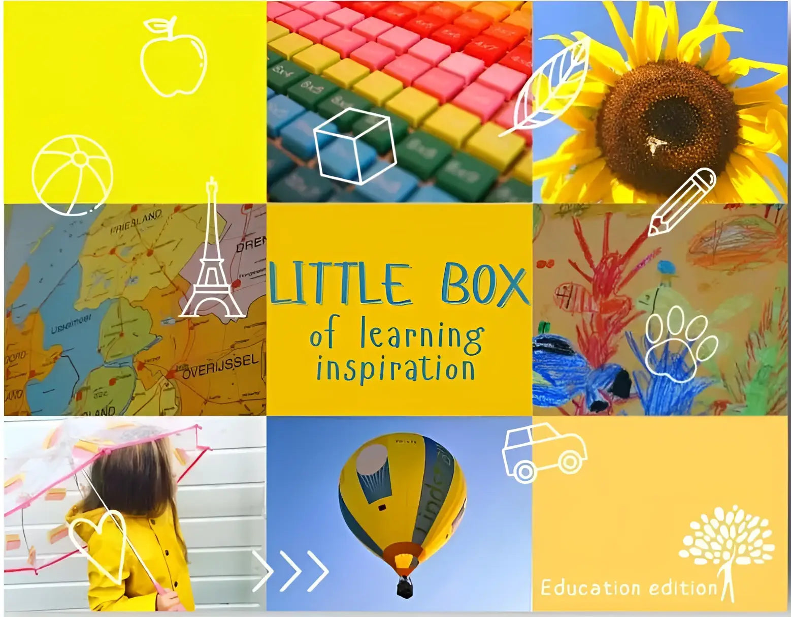 Gele zonnebloem met donkerbruine kern en heldergele blaadjes in little box of learining inspiration onderwijseditie