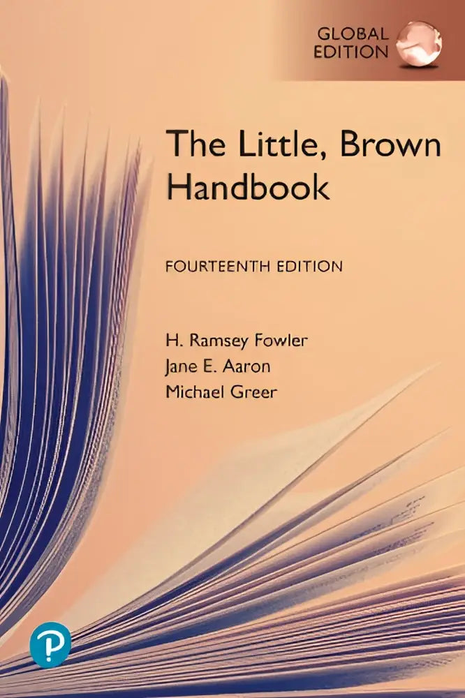 The little brown handbook global edition beige book with blue and white text fourteenth edition cover
