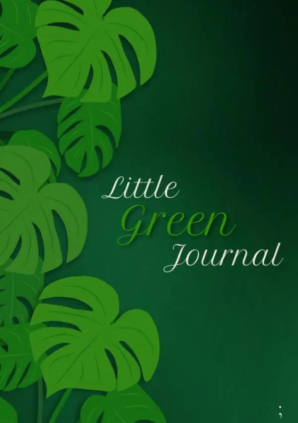 Een donker groene green journal met gestileerde monstera bladeren en de titel little green journal in witte sierlijke letters