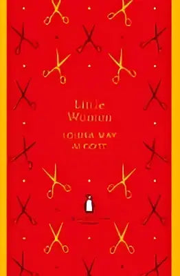 Rode hardcover editie van little women met goudfolie titel en een zwart schaar patroon op de kaft
