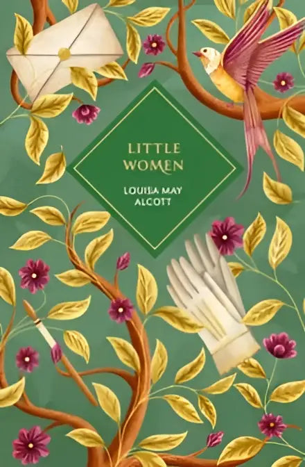 The beloved classic little women special edition book cover with green background and pastel birds flowers and hands