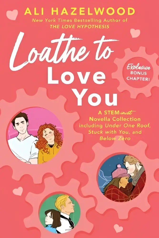 Pink boekomslag van loathe to love you door ali hazelwood met geïllustreerde cirkelvormige scènes en tandwielpatronen