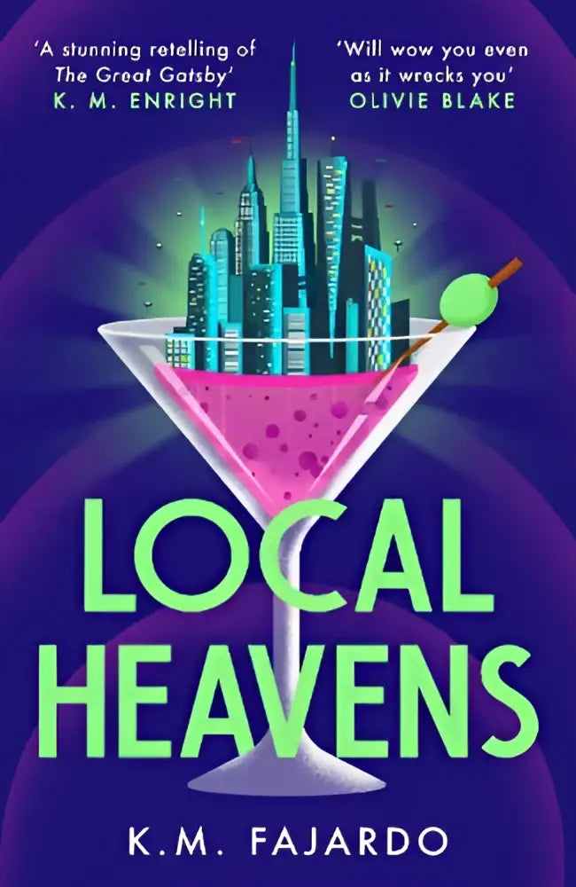A vibrant book cover of local heavens by k.m. featuring a pink martini glass and glowing city skyline for the great gatsby