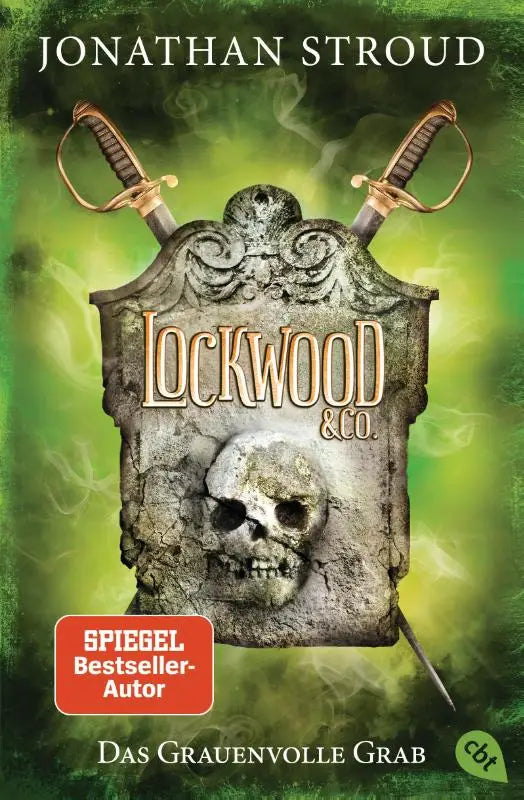 Het weerbarstige grijze stenen schild met gebeeldhouwde details en twee kruiselende zwaarden siert de cover van Lockwood & Co 05 Das Grauenvolle Grab voor gänsehaut und schlaflose nachten