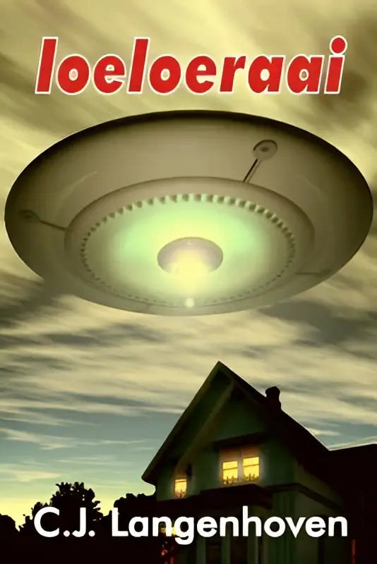 Een gloeiende metalen ufo zweeft boven een huis onder een bewolkte lucht in het product loeloeraai