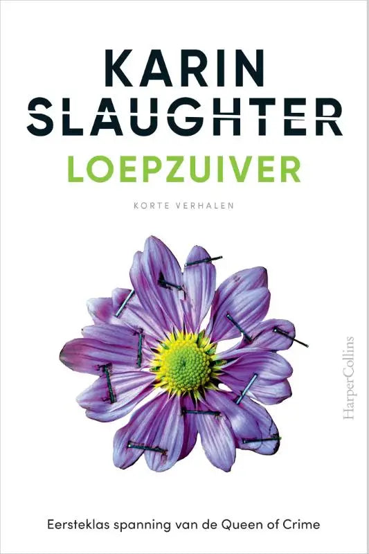 Loepzuiver wit boek met paarse bloem en zwarte pinnen in bloembladen als opvallend ontwerp