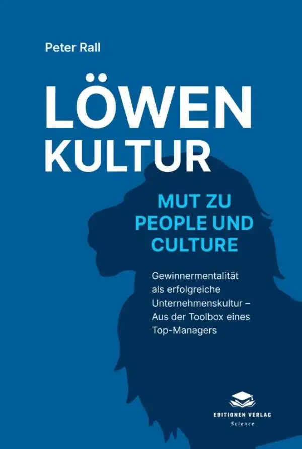 Blauwe boekcover van löwen kultur door peter rall met leeuwensilhouet en witte en lichtblauwe tekst over mut zu people und culture