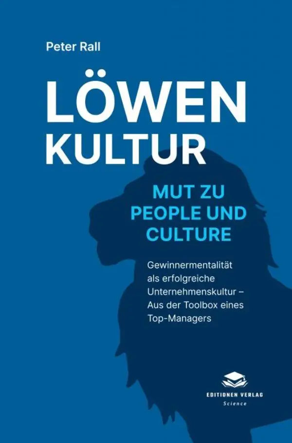 Blauw softcoverboek cover met witte leeuwenkop en titel löwen kultur voor mut zu people und culture