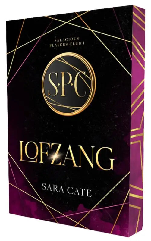 Black and purple paperback book cover with gold geometric accents titled lofzang by sara cate dark romance novel