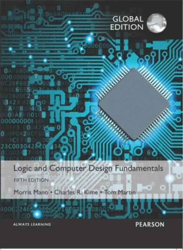 De boekomslag van logic and computer design fundamentals toont een grijze microchip op een blauwe printplaat achtergrond