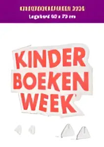 Logobord kinderboekenweek met oranjerode tekst kinder boeken week en gegarandeerd indien besteld tijdens bestelperiode voor jonge lezers