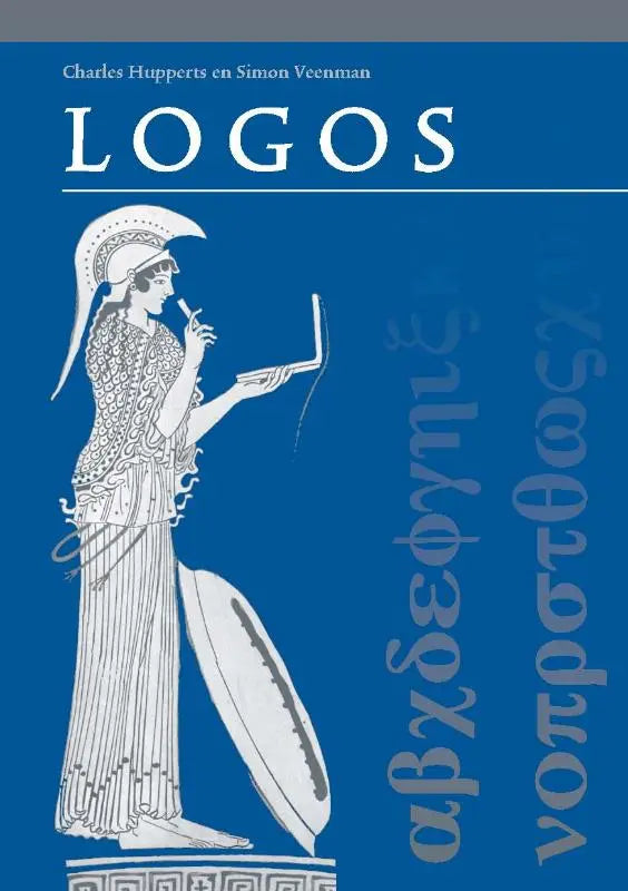 Blauwe boekcover logos basiswoordenlijst grieks met witte tekening van Griekse krijger vrouw en attische woorden