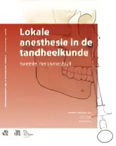 Rode poster met witte tekst lokale anesthesie in de tandheelkunde en abstracte lijntekening van bsl media product