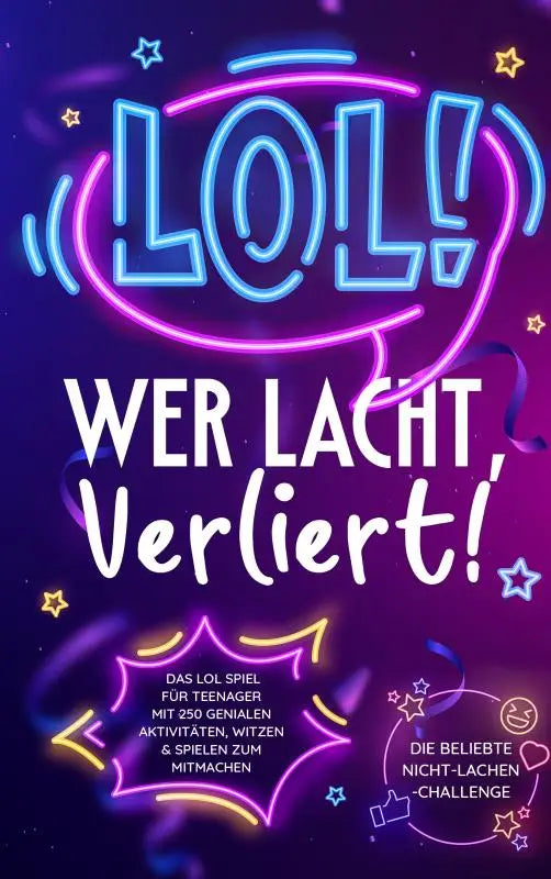 Neonroze en blauwe gloeiende lol spraakbel op donkerpaarse achtergrond voor lol-spiel für teenager mit 250 activiteiten