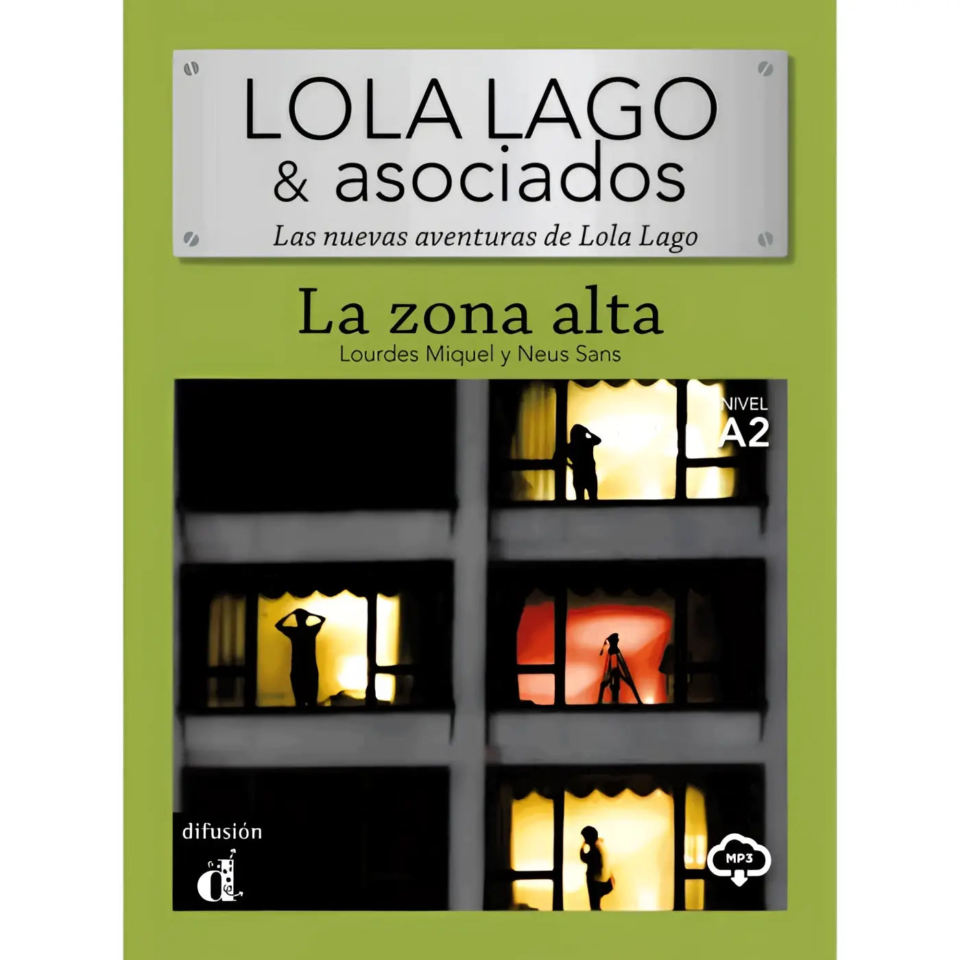 Groene boekenomslag van lola lago & asociados la zona alta met zwart-wit silhouetfoto in verlichte ramen
