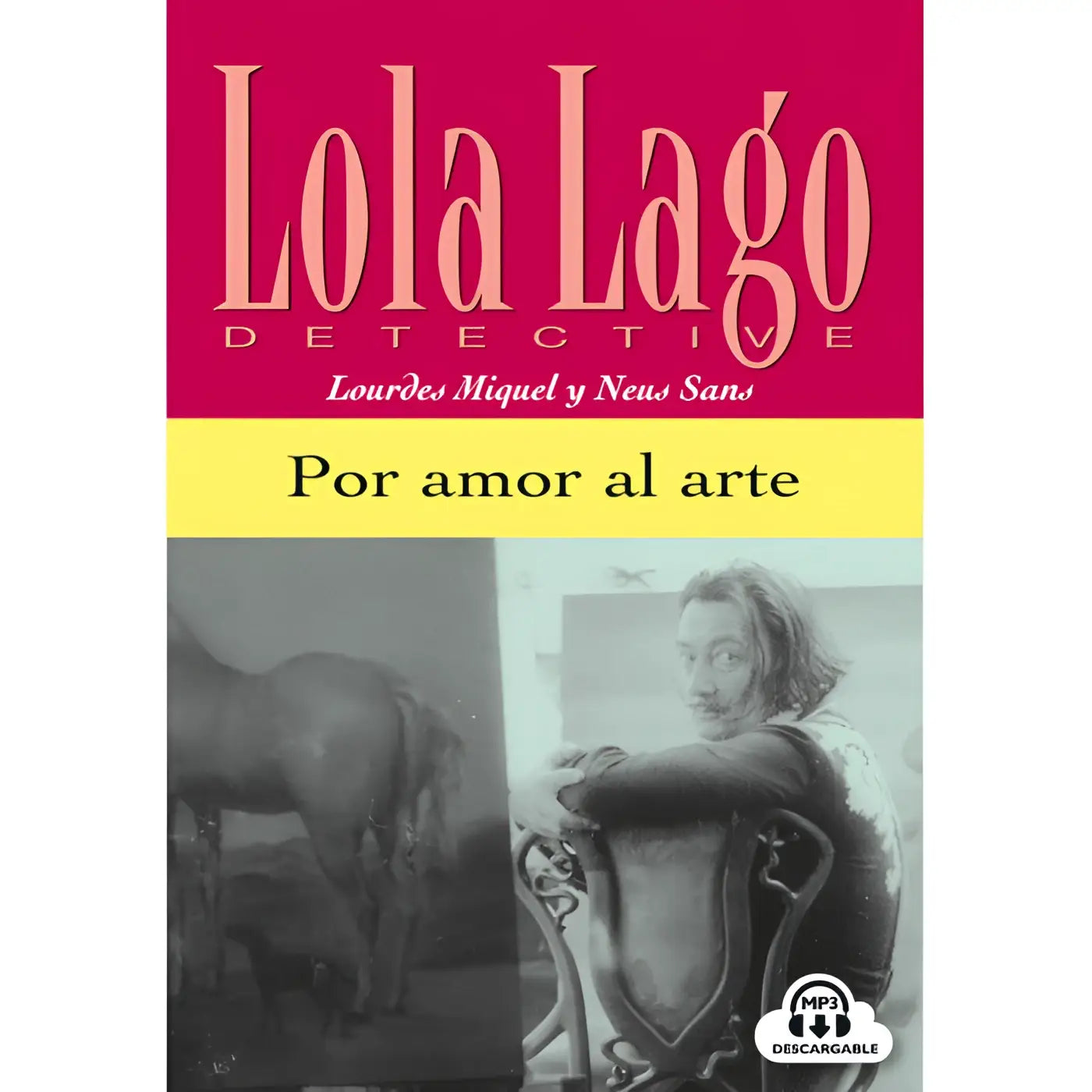Lola lago detective audiobook cover featuring cayetano gaos seated before schilder urpiano painting on red yellow background