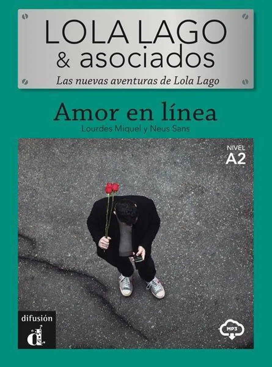 Teal boekomslag van amor en línea del nieuwe releases con zwart-wit foto van persoon met rode rozen en telefoon