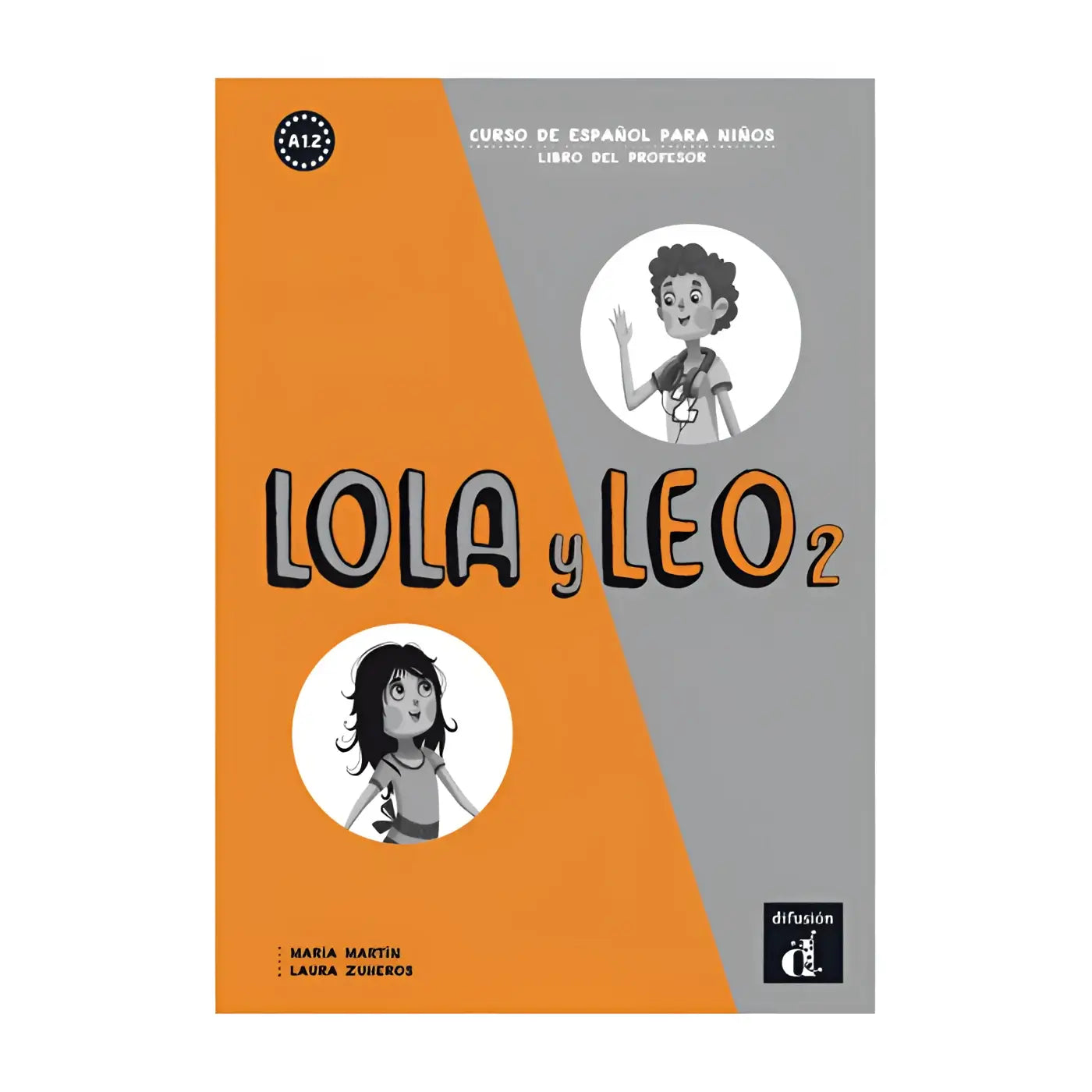Oranje en grijze lola y leo boekdeldocent met cartoons van twee kinderen voor a1.2 niveau