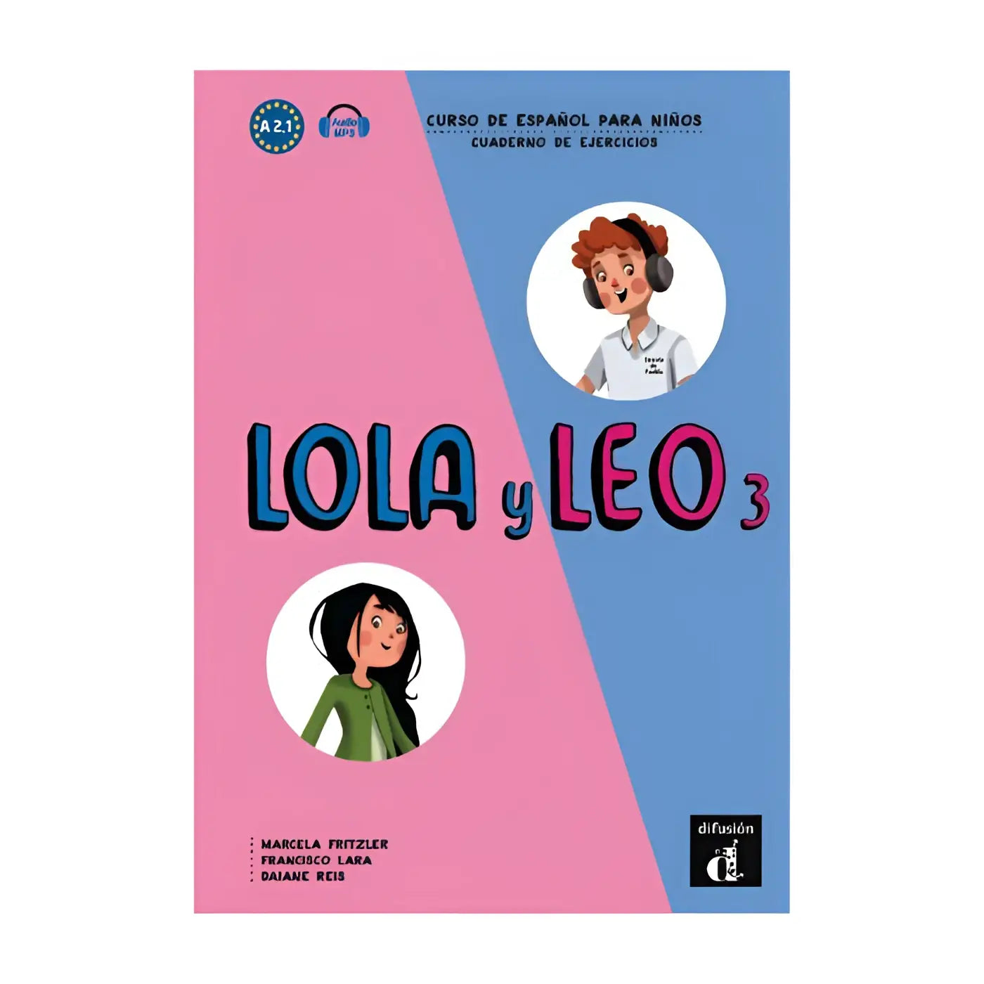 Roze en blauwe spaanse kinderenwerkboek lola y leo 3 met cartoonfiguren en visuele woordenlijst op de omslag