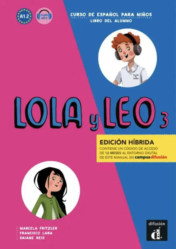 Vibrante roze en blauwe omslag van lola y leo 3 libro del alumno met cartoonillustraties van twee personages met koptelefoons