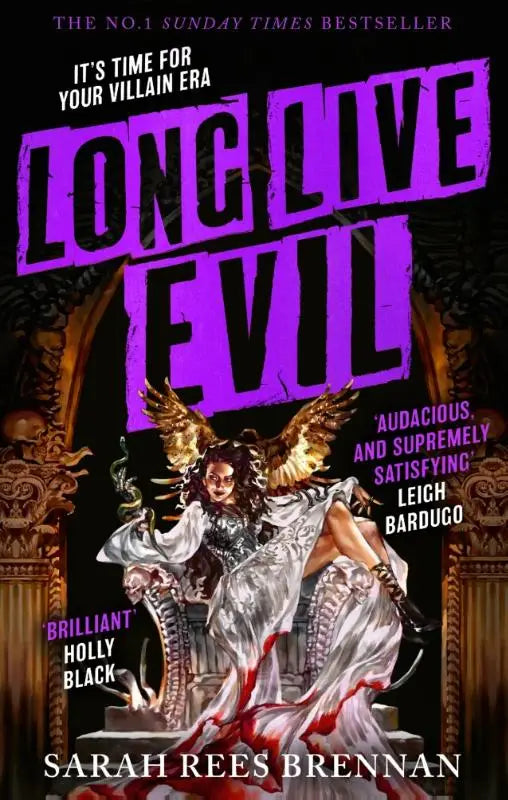 Paars en zwart boekomslag van long live evil met gevleugeld figuur in witte gewaden voor verhaal voor iedereen die ooit voor de schurk gevallen is