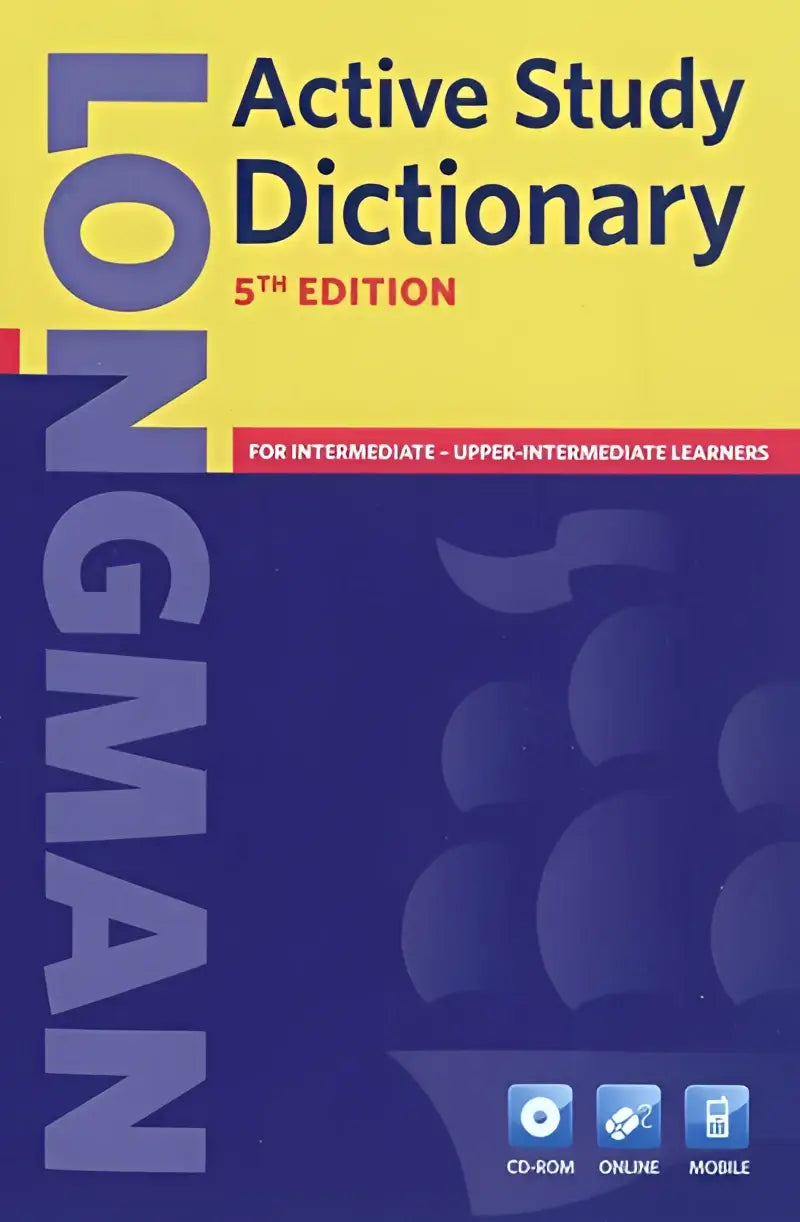 De cover van de longman active study dictionary 5e editie met cd-rom toont paars en geel tekst op blauw en geel achtergrond