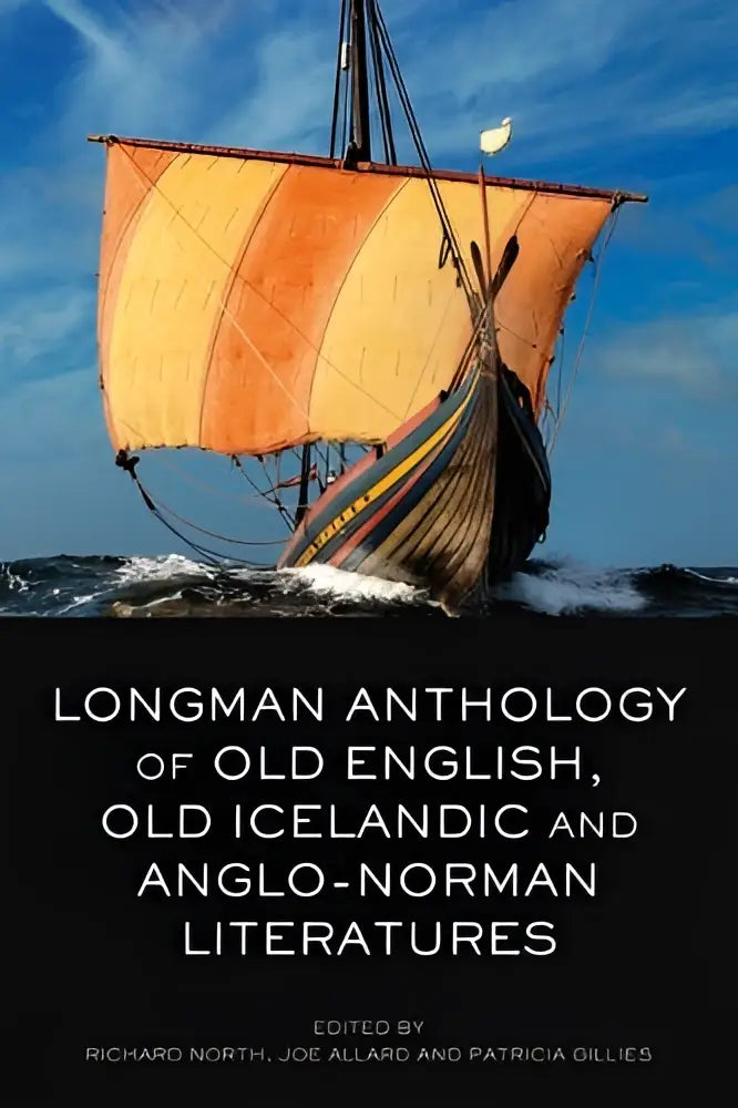 Vikingschip met oranje en gele zeilen op blauwe zee onder partly bewolkte lucht bij anthology van old english en old icelandic literatuur