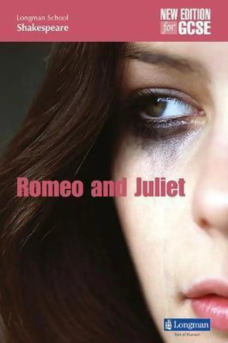 De cover van longman school shakespeare nieuwe editie voor gcse met romeo en juliet en een close-up van een vrouwelijk gezicht