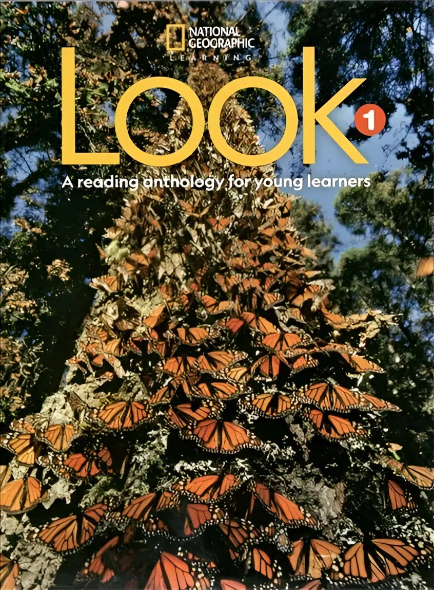 De look level 1 classroom presentation tool van national geographic learning toont oranje zwarte monarchvlinders op boomschors