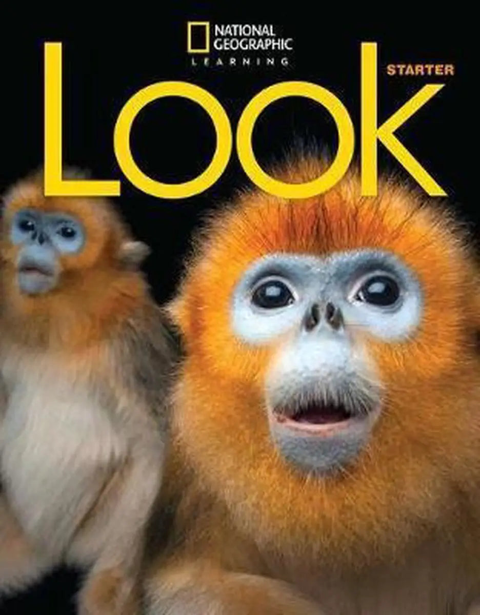 A vibrant orange and white golden snub-nosed monkey with striking black eyes on a national geographic learning look starter student’s book for young learners about the world