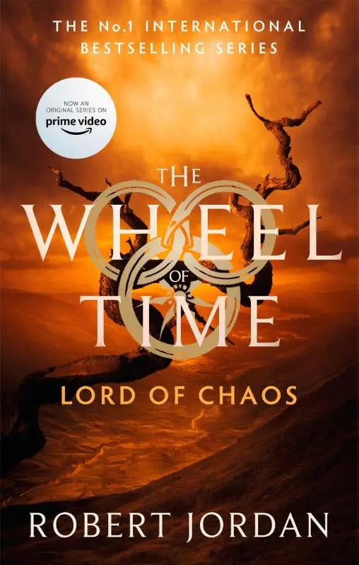 Cover van lord of chaos boek 6 van the wheel met dramatische oranje bruine zonsondergang nu een grote tv-serie