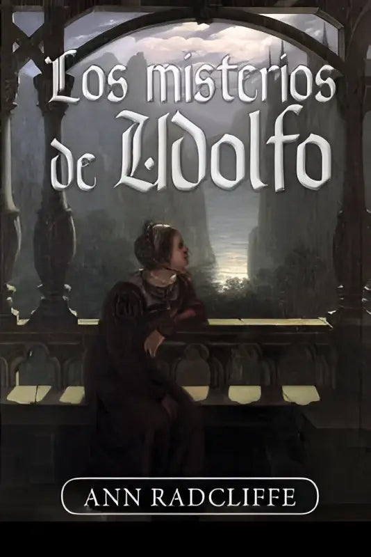 The book cover of los misterios features elegant white serif lettering above a dark illustration of a woman on a balcony