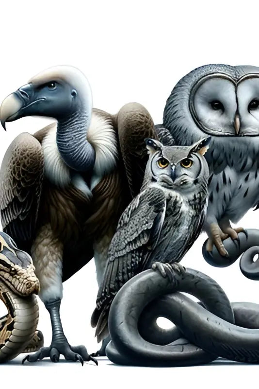 Gedetailleerde illustratie van een odu ifá boek met mitos del animales in realistische grijstinten van gier, uil en slangen