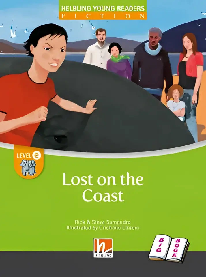 Omslag Lost on the Coast Big Book: meisje in rood shirt wijst naar grijze rots