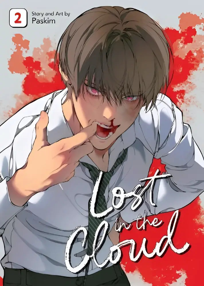 De cover van de manga lost in the cloud volume 2 toont een jonge man met bruin haar en rode ogen tegen een rode achtergrond