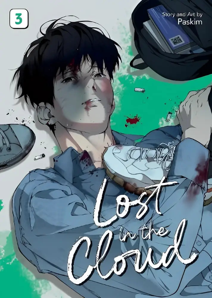 De cover van lost in the cloud vol 3 toont een jonge man met donker haar en blauw shirt die een open boek vasthoudt