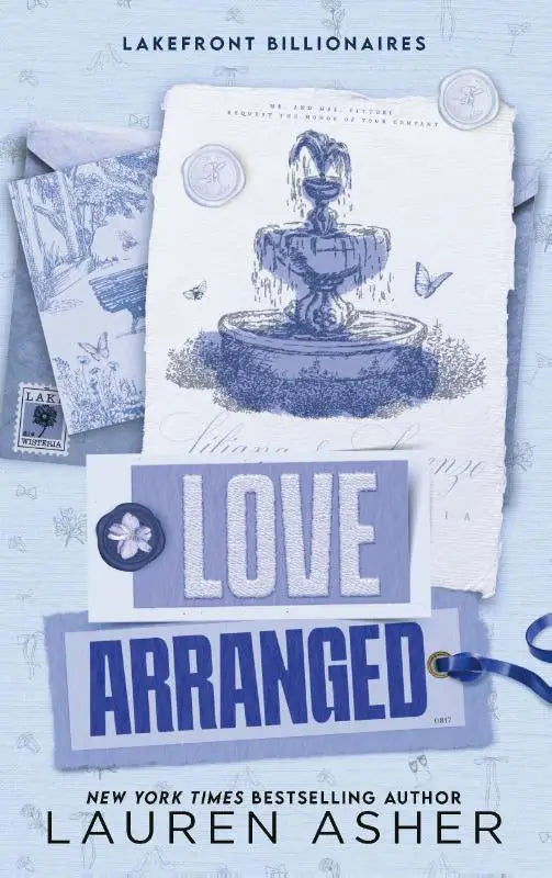 Paars en blauw boekcover met fonteinillustratie en waszegels voor love arranged door lauren asher love books