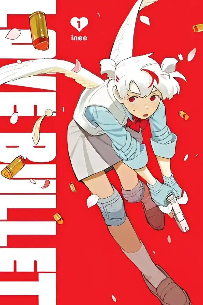 A white-haired anime girl in light blue shirt and gray skirt holding a gun with bullets in the background love bullet vol 1