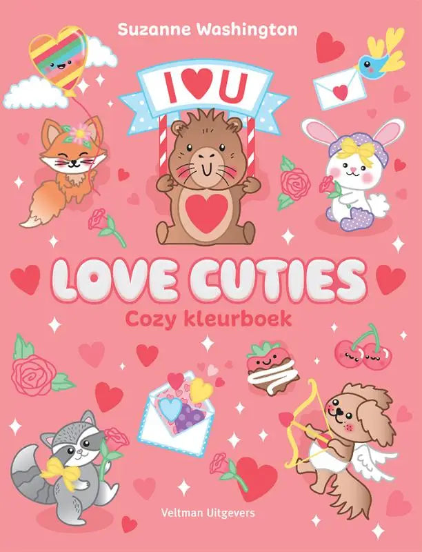 Cozy kleurboek love cuties met roze kaft en schattige cartoon dieren en harten voor ontspannend kleuren