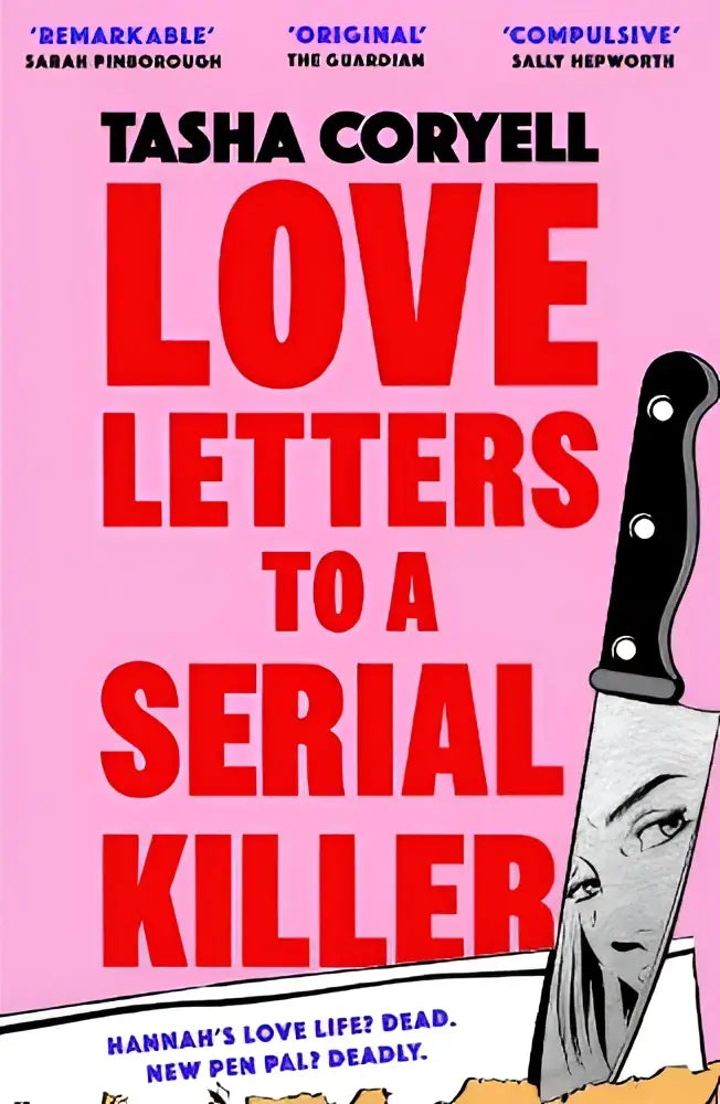 Roze boekcover van liefdesbrieven aan een seriemoordenaar met gedurfde rode tekst en mesillustratie cosmo’s thriller